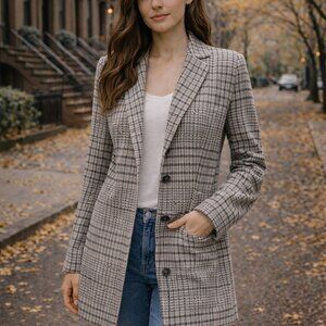 Melloday Long Line Coat Cardigan Plaid Women SZL Open Front Academia Pockets